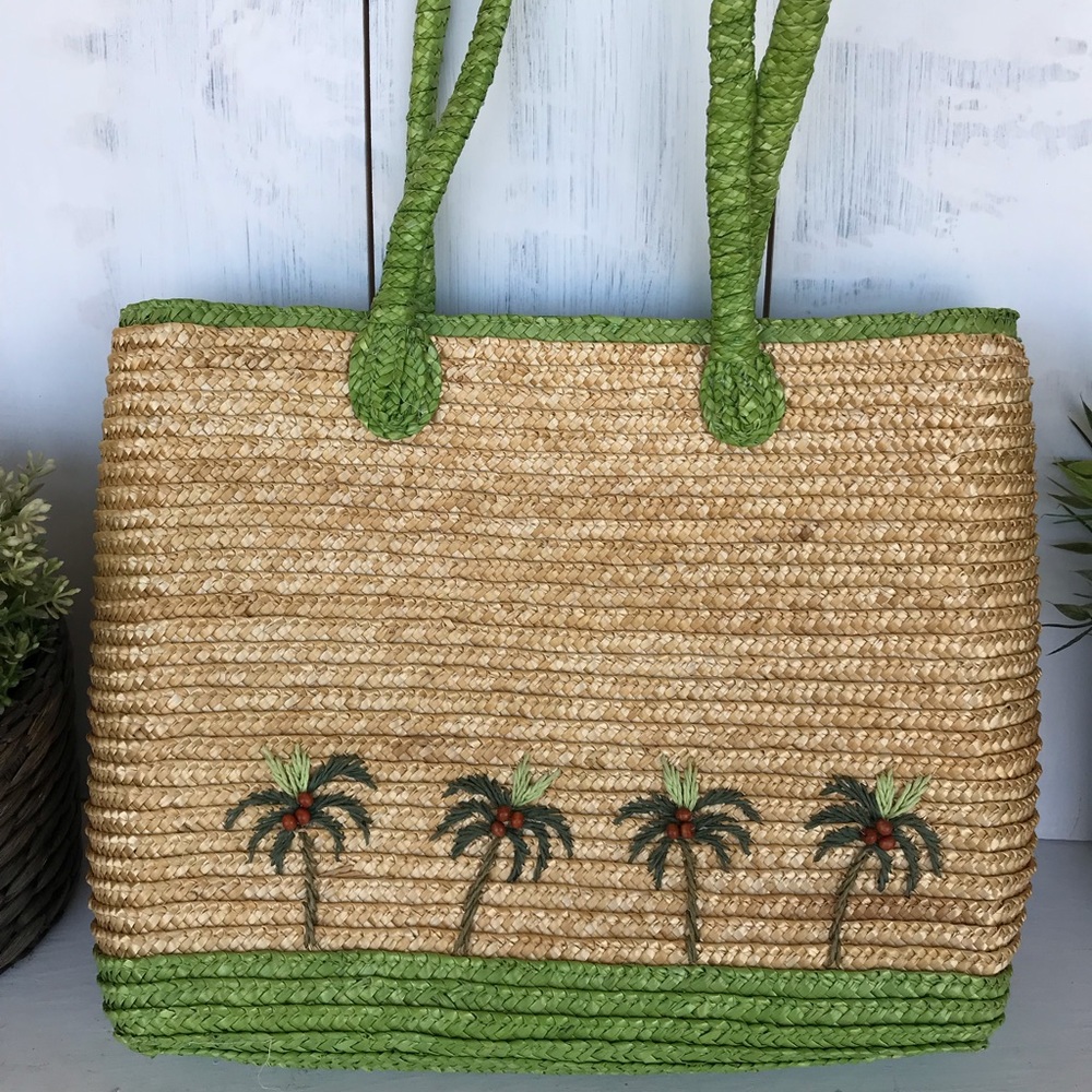 Straw bag with palm trees and coconuts beach bag